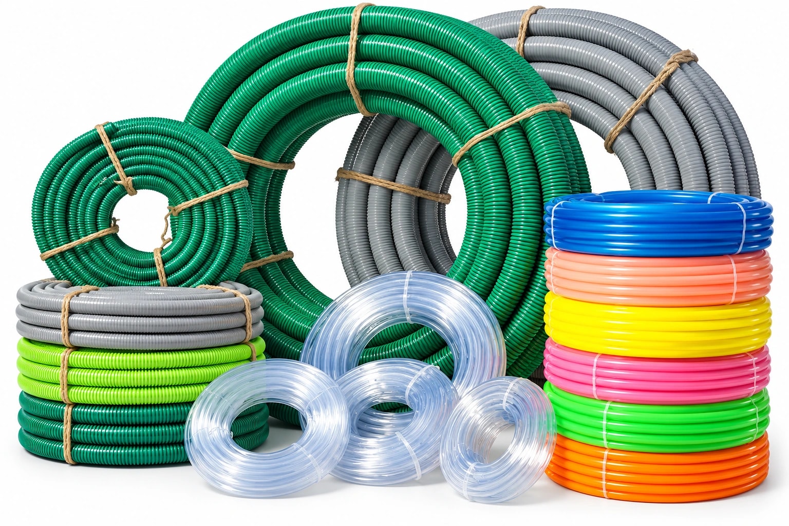 Coils of PVC hose in clear, colored and spiral-reinforced styles