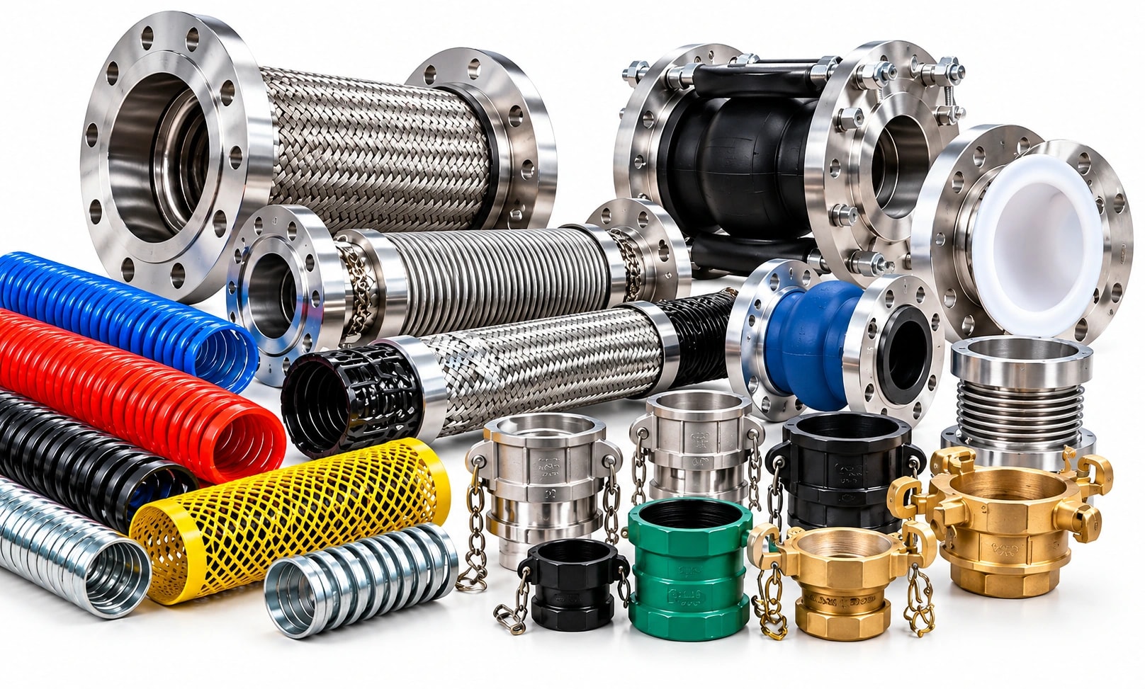 Flexible connectors, flanged hose assemblies, protective guards and industrial couplings