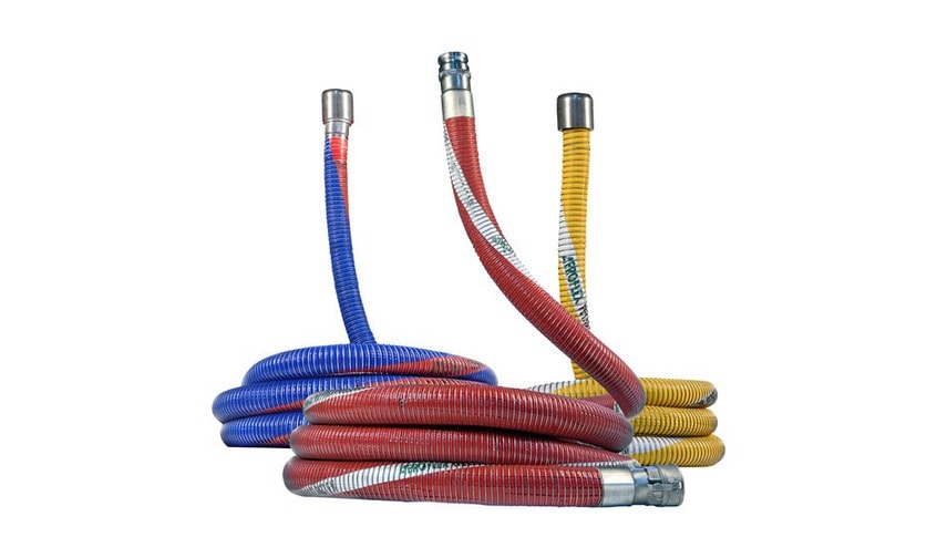 Red, blue and yellow flexible composite hose assemblies