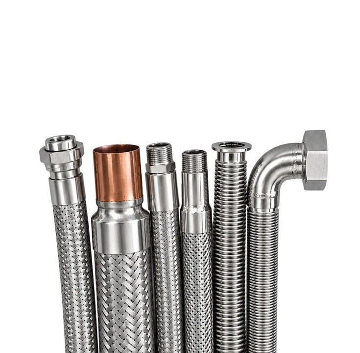 Braided and corrugated metal hoses with different end connections