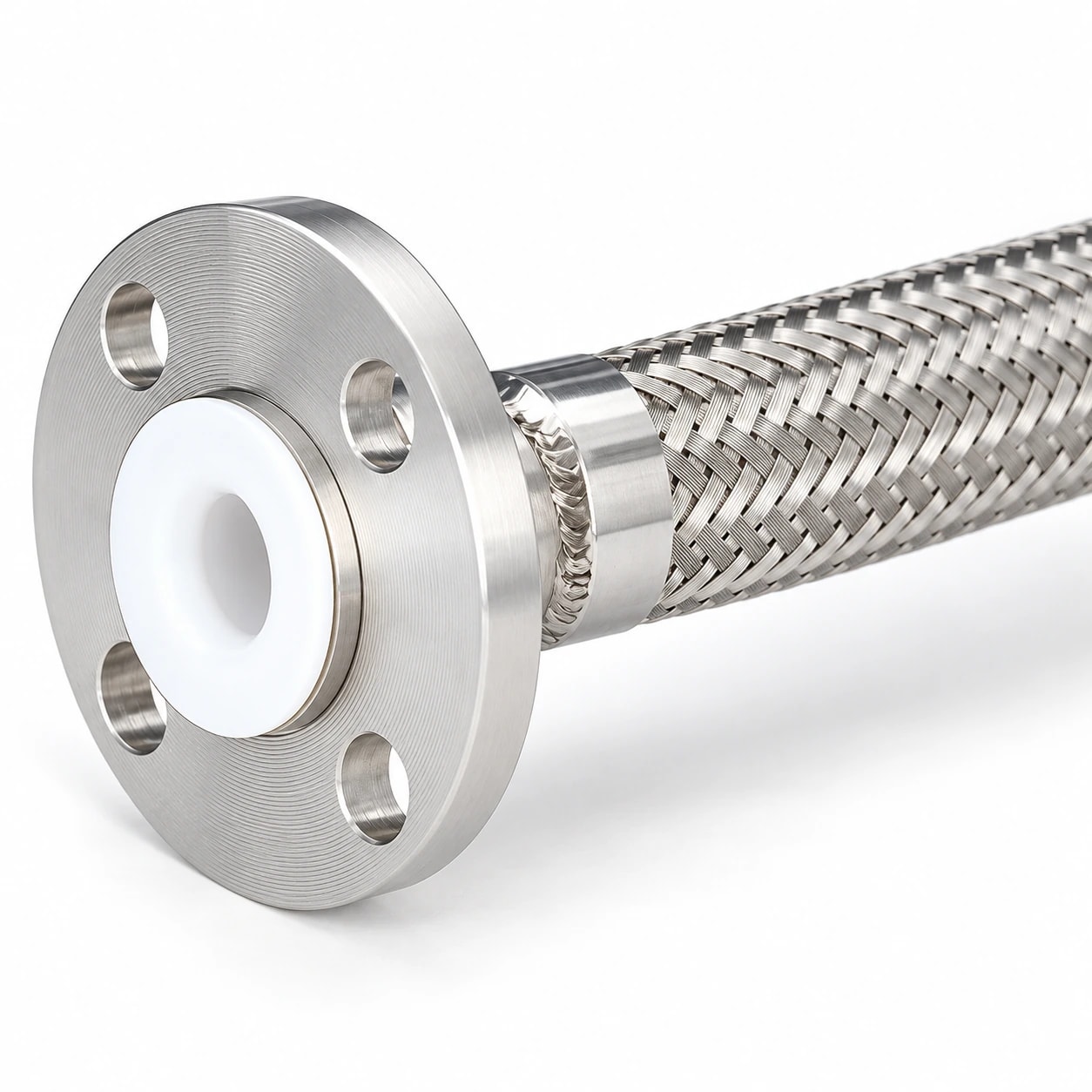 PTFE-lined hose with stainless steel braid and a flanged fitting